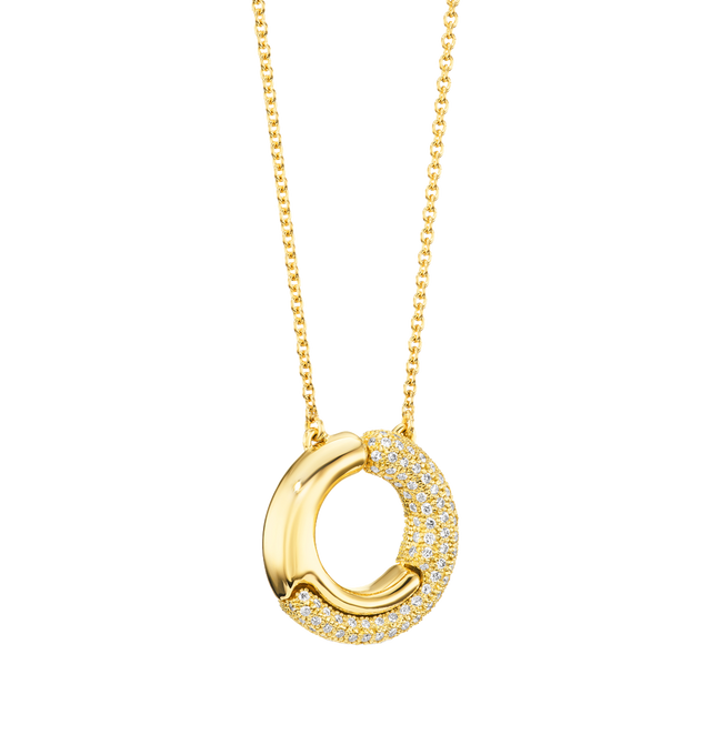 Image 4 of 5 - GOLD - PAMELA ZAMORE Holos Small Circle Diamond Necklace featuring two sculptural halves of a piece interlocking to become one. Hand-finished. 18K yellow gold, 16.5g. 1.17ct diamonds. Pendant diameter 25mm. Length: 16/18. Hirshleifers offers a range of pieces from this collection in-store. For personal consultation and detailed information about jewelry, please contact our dedicated stylist team at personalshopping@hirshleifers.com. This item may be restricted for online purchase to internati