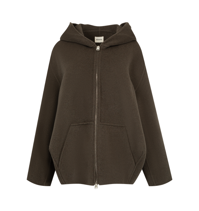 Image 1 of 3 - BROWN - Khaite Women's Hooded Wool Jacket is crafted from double-face wool and features an enveloping hooded silhouette with a bold oversized zipper pull, angled dart detailing, and twin in-seam pockets. Expertly tailored in Italy, this designer wool jacket combines exceptional craftsmanship with architectural construction and a relaxed, seasonless design for refined everyday layering. Main Material: 100% Double-Face Wool. Made in Italy.