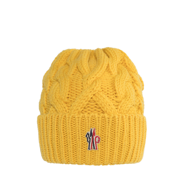 Image 1 of 2 - YELLOW - MONCLER GRENOBLE CABLE KNIT WOOL BEANIE featuring ultra-fine wool, stockinette stitch, Gauge 3 and nylon laqu tricolor logo. 100% virgin wool. 