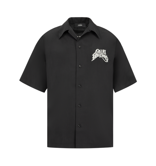 Image 1 of 2 - BLACK - Amiri Mens Hollywood Camp Shirt is crafted from a modal and polyester blend. Features a camp collar, button-front closure, short sleeves, and AMIRI Hollywood logo embroidery at the front and back. Main Material: 60% Modal, 40% Polyester. Made in Turkey.