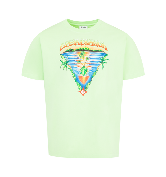 Image 1 of 2 - GREEN - CASABLANCA Innocence Triangle T-Shirt featuring an ocean scene at sunset with an island in the centre, crew neck, short sleeves and a relaxed fit. 100% organic cotton. Made in Portugal.