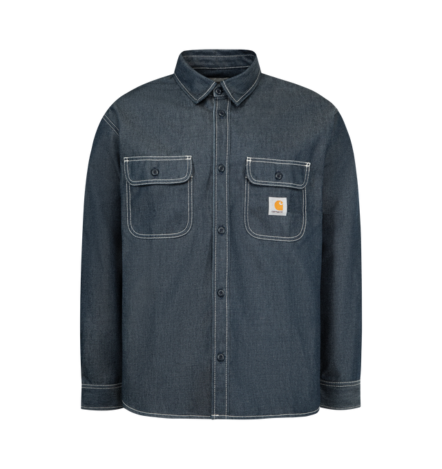 Image 1 of 2 - BLUE - CARHARTT WIP Tigan Shirt Jacket featuring rugged workwear style with a clean silhouette, unlined poly-cotton fabric, button front, dual chest pockets and heavyweight denim. 50% polyester, 50% cotton.