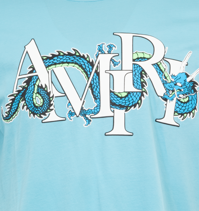 Image 2 of 2 - BLUE - AMIRI CNY DRAGON TEE is a black t-shirt that showcases a Chinese New Year-inspired graphic logo print in an air blue color on the front at the chest. This style pulls over for a comfortable fit with a crewneck and short sleeves. 100% cotton. 