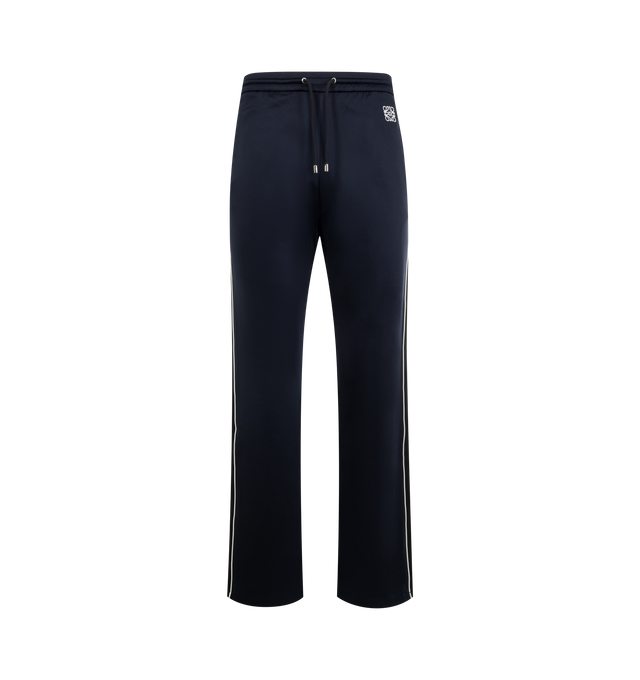 Image 1 of 3 - NAVY - Loewe Men's Tracksuit Trousers in lightweight technical jersey. Relaxed fit, regular length featuring mid waist, straight leg, elasticated waist with drawstring, zipped pockets, zipped rear pocket, herringbone side tape and Anagram embroidery placed at the front. Polyamide/Cotton. Made in Portugal.