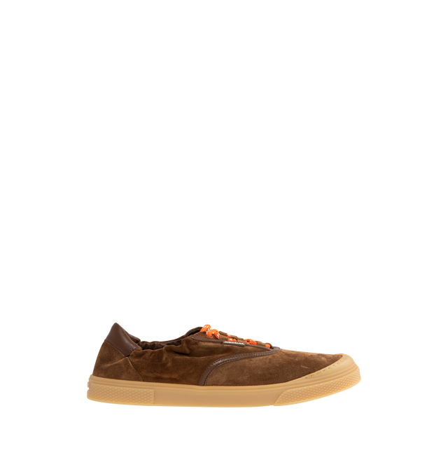 Image 1 of 5 - BROWN - Moncler Men's Vera Leisure Suede Sneakers featuring suede upper, leather lining, lace-up and rubber sole. Sole height 2.4 cm. Made in Italy.