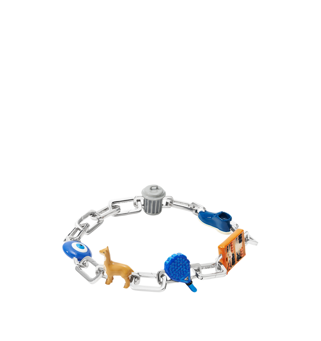 Image 6 of 10 - MULTI - Poubel by The Gstaad Guy Constance completed bracelet set. An ode to the quintessential European Gentleman, the Constance Completed Set includes: 1x Poubelle Charm (also known as The Bin or The Trash Can), 1x Shoe Charm, 1x Backgammon Charm, 1x Padel Charm, 1x Vicua Charm, 1x Evil Eye Charm, 9x interchangeable sterling silver links. Poubel links are made with recycled, rhodium plated, sterling silver, comprised of 92.5% pure silver and 7.5% other metals. The addition of other metals