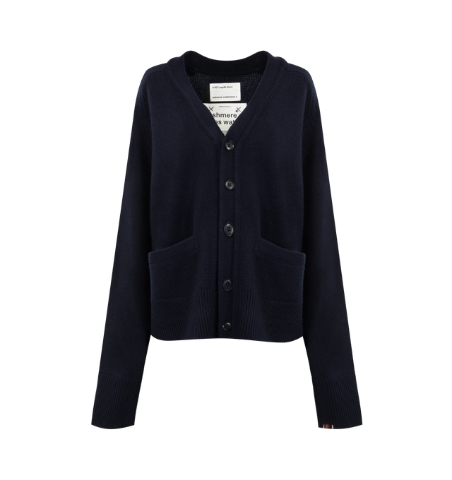 Image 1 of 2 - NAVY - EXTREME CASHMERE Papilli Short Cardigan featuring two front pockets, rib-knit cuffs, hem, and neckline, v-neck, heavy-knit cashmere, cropped length and five corozo buttons. 100% cashmere.