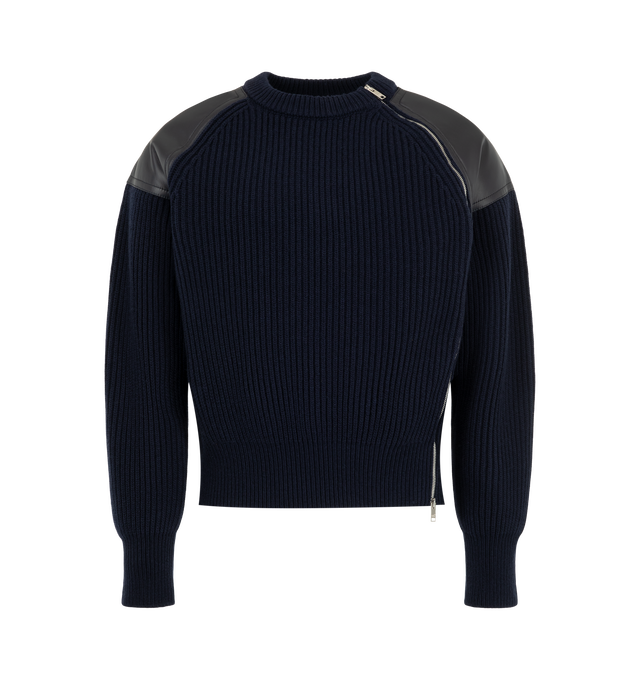 Image 1 of 2 - NAVY - Bottega Veneta Men's Rib Sweater is crafted from a wool-cashmere blend and features a ribbed knit construction with black leather shoulder panels. Designed with a crewneck and long sleeves, it is finished with an asymmetric zip fastening that runs diagonally from the collar to the hem. Main Material: 71% Wool, 29% Cashmere. Made in Italy.