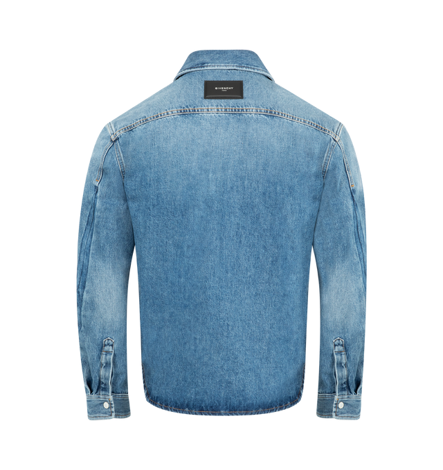 Image 2 of 2 - BLUE - GIVENCHY Couture Seam Denim Shirt featuring long-sleeves, classic collar, GIVENCHY Paris leather patch on the upper back, button closure, butonned cuffs, mother-of-pearls buttons, two chest pockets and couture seams for a rounded proportion. 100% cotton. Made in Italy.