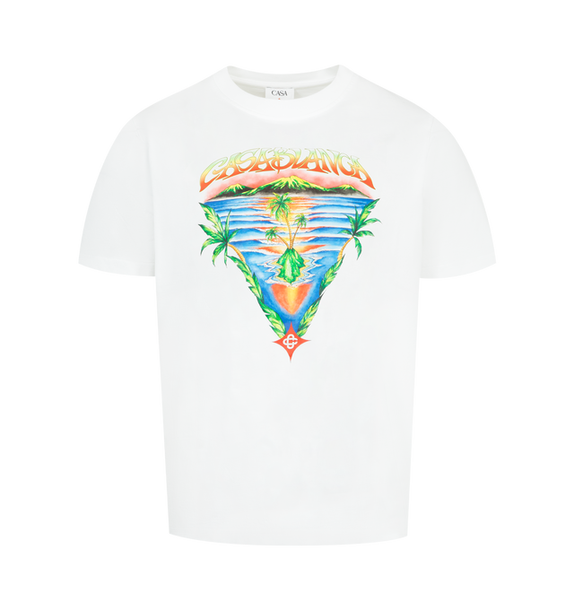 Image 1 of 2 - WHITE - CASABLANCA Innocence Triangle T-Shirt featuring an ocean scene at sunset with an island in the centre, crew neck, short sleeves and a relaxed fit. 100% organic cotton. Made in Portugal.