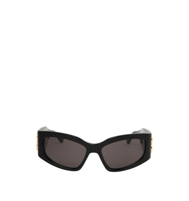 Image 1 of 3 - BLACK - Balenciaga Bossy Cat Sunglasses are designed with acetate alternative frames, gray lenses, hidden hinges with gold logos, and a lasered logo on the right lens. 100% UV/UVB protection. Made in Italy.