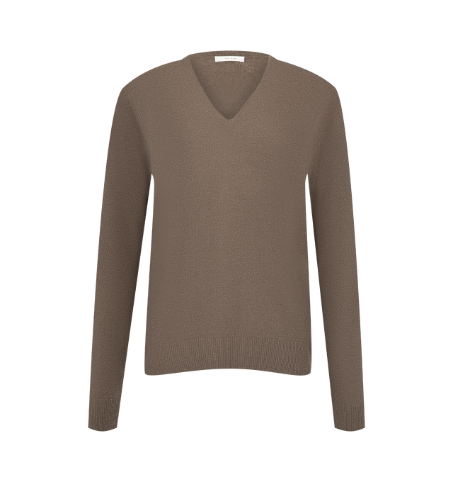 Image 1 of 2 - NEUTRAL - The Row Women's Phora Top is crafted from lightweight cashmere and features a classic V-neckline, long sleeves, and seamless construction for a clean, minimalist silhouette. This designer cashmere sweater combines exceptional Italian craftsmanship with a smooth, single-ply knit that offers lightweight warmth, natural stretch, and everyday comfort. Main Material: 100% Cashmere. Made in Italy.