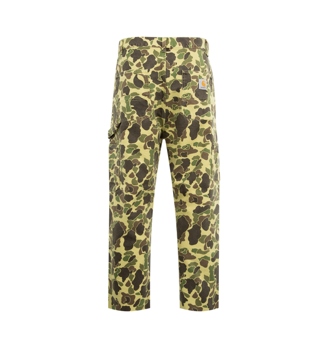 Image 2 of 3 - GREEN - CARHARTT WIP Duck Single Knee Pants featuring zip fly and button closure, relaxed tapered fit, regular waist, allover print, triple stitched, bartack stitching at vital stress points, tool pockets and hammer loop and square label. 100% cotton.