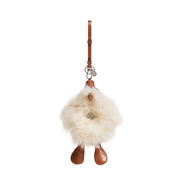 Image 1 of 1 - NEUTRAL - The Moncler MonDuck Key Ring is inspired by the brands MonDuck character, this key holder is shaped in a playful duck silhouette. Crafted from fluffy fabric with contrasting details, the accessory features a strap with a carabiner and metal ring, making it easy to attach to bags or keys. A metal logo tag completes the design. Main material: 100% Polyester. Made in Italy.
