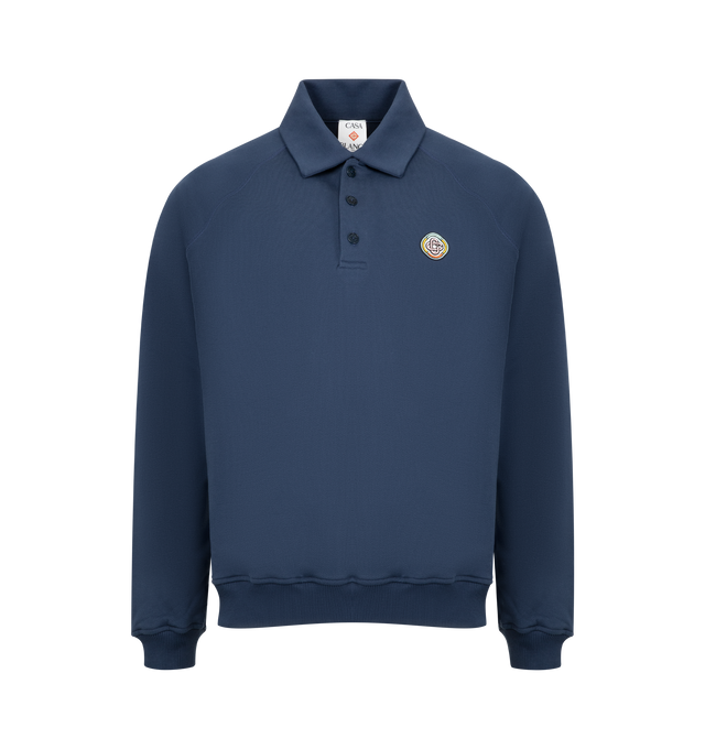 Image 1 of 2 - BLUE - CASABLANCA Collar Sweatshirt featuring a classic collar, polo collar with buttons, ribbed cuffs and hem, long sleeves and embroidered logo. 100% cotton.