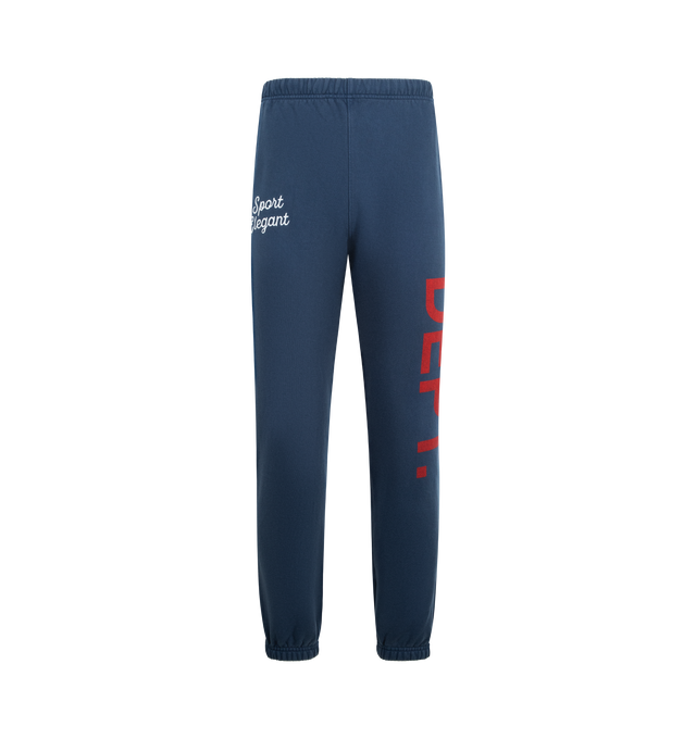 Image 1 of 3 - BLUE - GALLERY DEPT. Team Dept Sweatpant featuring sweatpant joggers, side seam pockets, elasticized waistband and cuffs with inner drawstring, distressed FRENCH DPT. print down the left leg, embroidered 'Sport Elegant' logotype and inner 'Art on Display' patch. 100% cotton. Made in USA.