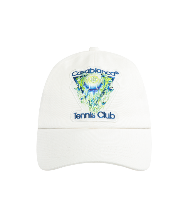 Image 1 of 2 - WHITE - CASABLANCA Flaming Tennis Ball Cap featuring a classic baseball style crafted from cotton fabric, graphic on front, peak and a gold-plated adjustable buckle. 100% cotton.