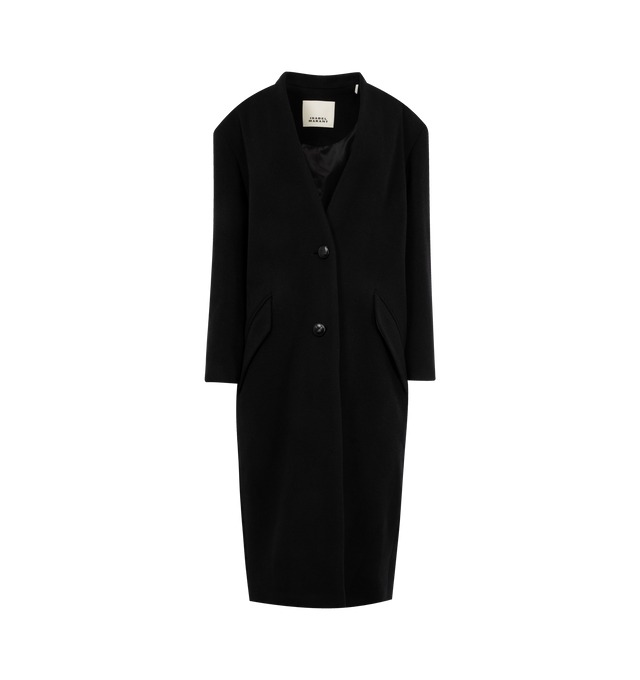 Image 1 of 3 - BLACK - ISABEL MARANT Florane Coat featuring long plain-colored wool blend coat, collarless, buttoned front, long sleeves, flap pockets, satin lining with "Isabel Marant" logos and straight cut. 75% wool, 25% polyamide