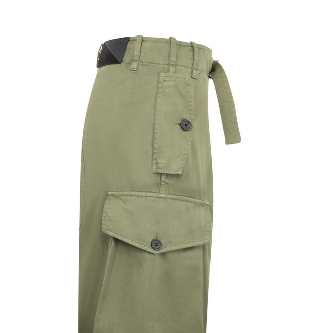 Image 3 of 3 - GREEN - Loewe Women's Cargo Trousers are crafted from medium-weight washed cotton satin and feature a relaxed-fit silhouette with a mid-rise waist and straight-leg cut. Designed with a button-and-belt fastening, concealed zip fly, seam pockets, and buttoned flap gusset cargo pockets at the sides, these utility-inspired trousers balance functionality with refined craftsmanship. Finished with elasticized drawstring cuffs and a debossed LOEWE leather and suede patch at the back. Main Material: C