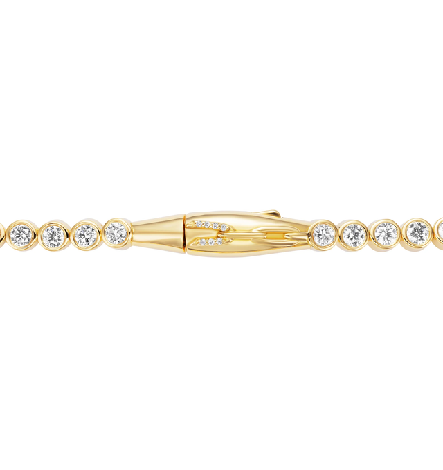 Image 3 of 3 - GOLD - UNIFORM OBJECT Tension Tennis Necklace featuring 63G of solid 18K yellow gold, 1.36 TCW asscher cut diamonds and 9.97 TCW of round diamonds. Handmade in New York City.