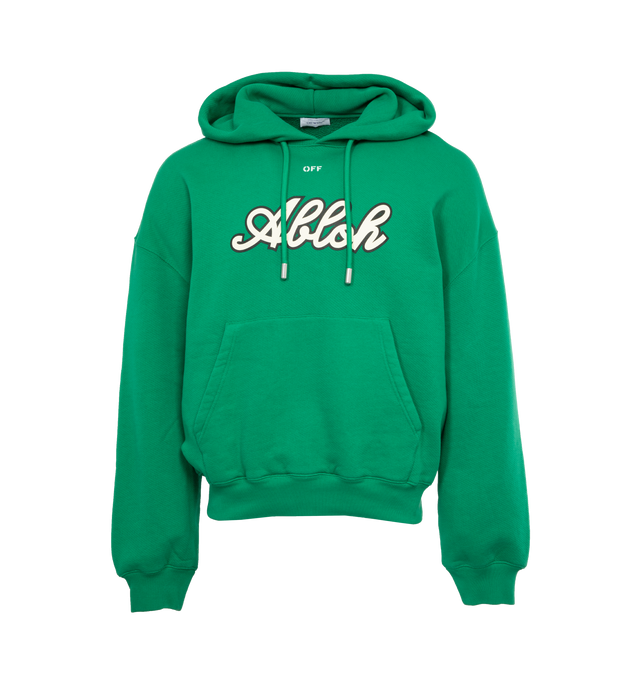 Image 1 of 4 - GREEN - OFF-WHITE FOOTBALL OVER HOODIE is an oversized hoodie that features collegiate-inspired branding and Virgil Abloh's last name in cursive on the front of the hoodie, an oversized number 23 with Off White wording above the number on the back in white with a drawstring hood and kangaroo pockets. 100% cotton. 