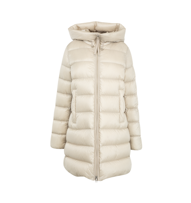 Image 1 of 1 - NEUTRAL - Moncler Women's Suyenne Hooded Mid-Length Down Jacket is crafted from water-repellent longue saison nylon and features a down-filled construction, an adjustable hood, a front zip closure, snap-button pockets, elastic cuffs, and a flattering mid-length silhouette with a flared waist and hips. This designer down jacket combines lightweight warmth with a feminine silhouette for elevated everyday outerwear. Main Material: 100% Polyamide (Nylon). Lining: 100% Polyamide (Nylon). Hood Lini