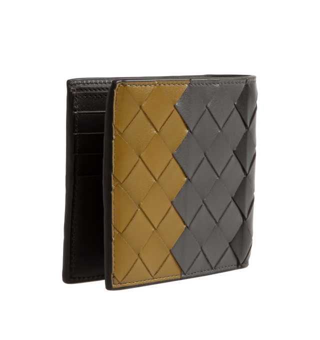 Image 2 of 3 - BLACK - BOTTEGA VENETA Intrecciato Bi-Fold Wallet featuring intrecciato calfskin leather wallet with tri-colour panels, eight card slots, two bill compartments, two additional pockets. 3.7 x 4.3 x 0.4. Made in Italy.