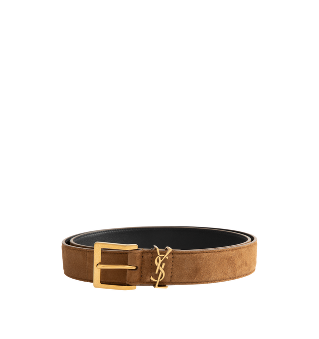 Image 1 of 2 - BROWN - Saint Laurent Womens Belt is crafted from calfskin suede leather. Features a square buckle, signature CASSANDRE loop, adjustable pin-buckle closure, and bronze-tone hardware. Width: 3 cm. Main Material: Calfskin Leather; Hardware: Brass. Made in Italy.