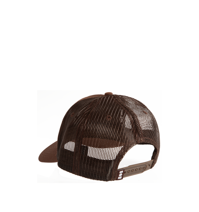 Image 2 of 2 - BROWN - NAHMIAS Studded Nahmias Marquee Trucker Hat featuring 5 panel hat, logo marquee motif on front, studded logo, adjustable snap closure. 57% cotton, 43% nylon.