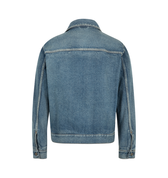 Image 2 of 3 - BLUE - The Row Men's Mendo Jacket is crafted from structured cotton denim with a soft hand and faded, worn-in appearance. Designed with a classic collar, paneled yoke construction, vertical welt pockets, and a front placket with shank button closure, this designer denim jacket is fully lined in brushed cotton flannel for added comfort and warmth. Main Material: 100% Cotton Denim. Lining: 100% Brushed Cotton Flannel. Closure: Shank Buttons. Pockets: Vertical Welt Pockets. Made in Japan.