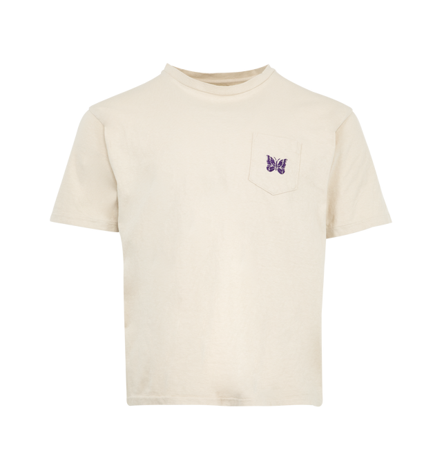 Image 1 of 2 - WHITE - NEEDLES Embroidered Pocket Tee featuring crew neck, short sleeves, slip pocket styling, embroidered logo detail and midweight jersey fabric. 100% cotton. Made in Japan.