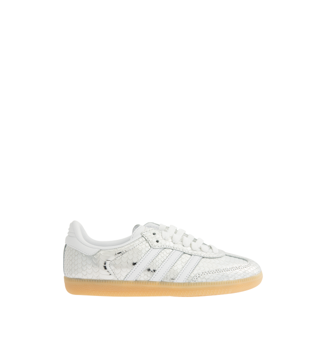 Image 1 of 5 - SILVER - ADIDAS Samba Sneaker featuring regular fit, lace up style, patent leather upper, synthetic sockliner, rubber outsole, soccer-inspired long tongue and trefoil.