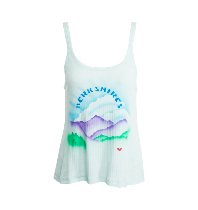 Image 1 of 3 - BLUE - BODE Berkshires Tank featuring watercolor mountain graphic, scoop neck and sleeveless. 50% cotton, 50% polyester. 
