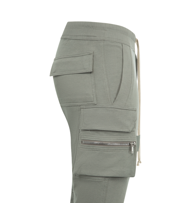Image 3 of 3 - GREY - RICK OWENS Mastodon Cargo Pants featuring slim-fit, drawstring at elasticized waistband, four-pocket styling, button fly, rib-knit cuffs and cargo and zip pockets at outseams. 100% organic cotton. Made in Italy.