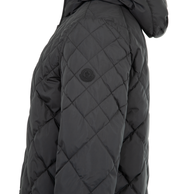 Image 3 of 3 - BLACK - MONCLER Merak Geometric-Quilted Hooded Short Down Jacket featuring micro soft technique, nylon lining, down-filled, adjustable hood, zipper closure, zipped pockets, adjustable cuffs and hem and logo details. 100% polyester. Padding: 90% down, 10% feather.