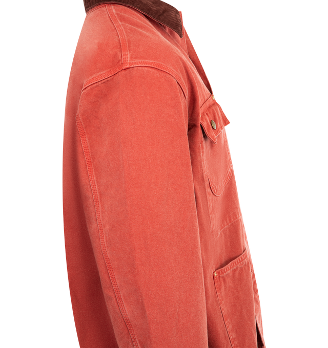 Image 3 of 3 - RED - ORSLOW Relax Fit Oxford Coverall featuring a relaxed silhouette, coverall cut, utility pocketing, button closure and contrasting collar. Made in Japan.