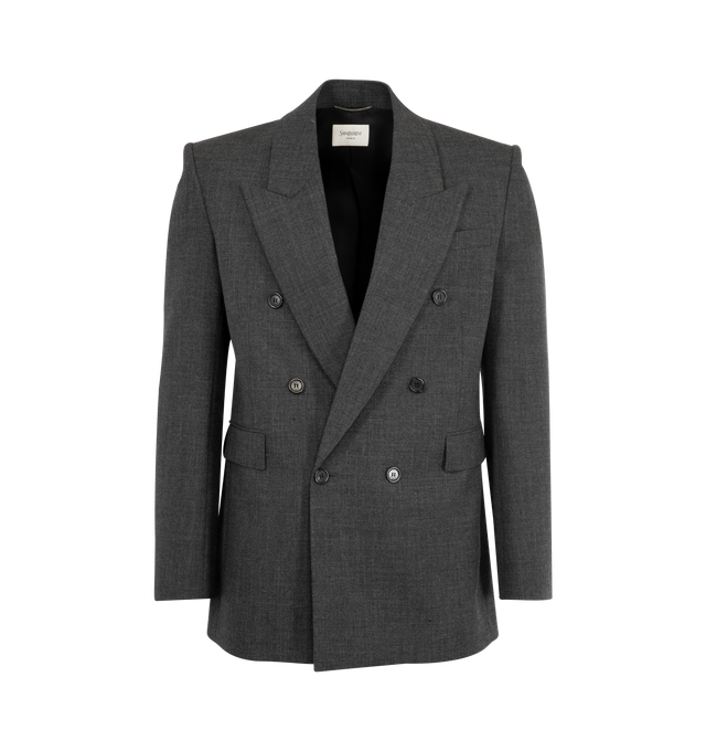 Image 1 of 2 - GREY - SAINT LAURENT Wool Jacket featuring silk lining, double-breasted, six-button closure, two jetted pockets with flap at the front, one welt pocket at the chest, two inner welt pockets, four-button cuffs, padded shoulders and double back vent. 100% wool. Made in Italy.