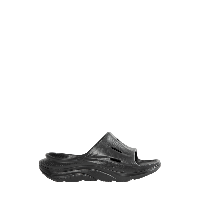 Image 1 of 4 - BLACK - HOKA Ora Recovery Slide 3 featuring perforated rubber upper with EVA sole, slip-on styling and molded footbed.