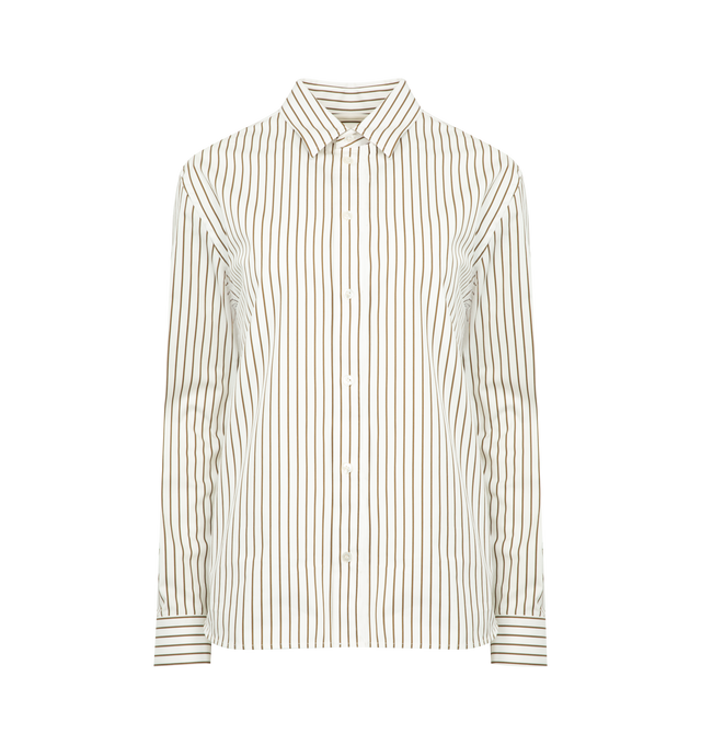 Image 1 of 2 - WHITE - SAINT LAURENT Striped Shirt featuring striped cotton poplin buttoned shirt with a pointed collar, chest pocket with logo embroidery, front button closure, one-button mitered cuffs and straight hem. 100% cotton. Made in Italy.