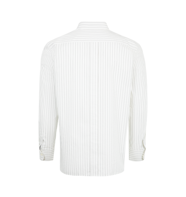 Image 2 of 2 - WHITE - SAINT LAURENT Tack-Stripe Poplin Shirt featuring buttoned shirt made with certified cotton and certified viscose, a pointed collar, logo embroidery at the hip, one-button cuffs, straight hem and back center box pleat. 96% cotton, 4% viscose. Made in Italy.