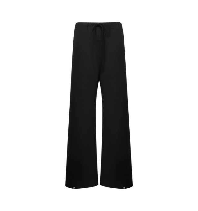 Image 1 of 3 - BLACK - FEAR OF GOD ESSENTIALS Twill Work Pant crafted from cotton/polyester featuring a loose leg fit, side pockets, an encased elastic waistband with drawstrings, knee darts, and snap metal hardware at the ankle. A rubberized label from Fear of God Essentials is stitched on the center front. 55% cotton, 45% polyester twill.
