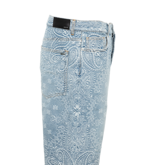Image 3 of 4 - BLUE - AMIRI Bandana Jacquard Skater Short featuring button fly, 5-pocket design, light fading detail and tonal paisley embroidery throughout. 100% cotton. Made in USA. 