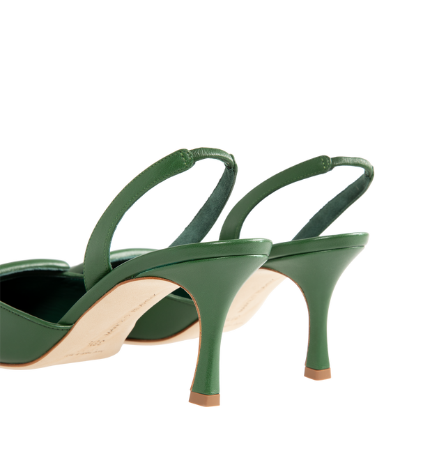 Image 3 of 4 - GREEN - Manolo Blahnik Women's Maysli slingback pumps featuring pointed toe, decorative buckle detail, elasticated slingback strap and stiletto mid 70mm heel. Upper: 100% leather. Sole: 100% leather. Lining: 100% goat skin. Made in Italy.