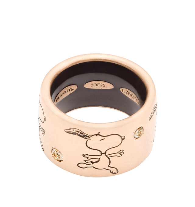 Image 2 of 3 - GOLD - LIZWORKS X PEANUTS Ballerina Snoopy Rose Gold Comic Strip Ring Band featuring 18k rose gold ring with brown diamonds and chocolate brown enamel. 13.5 mm. Hirshleifers offers a range of initial pieces from this collection in-store. For personal consultation and detailed information about jewelry, please contact our dedicated stylist team at personalshopping@hirshleifers.com. This item may be restricted for online purchase to international clients. For assistance purchasing this item ple