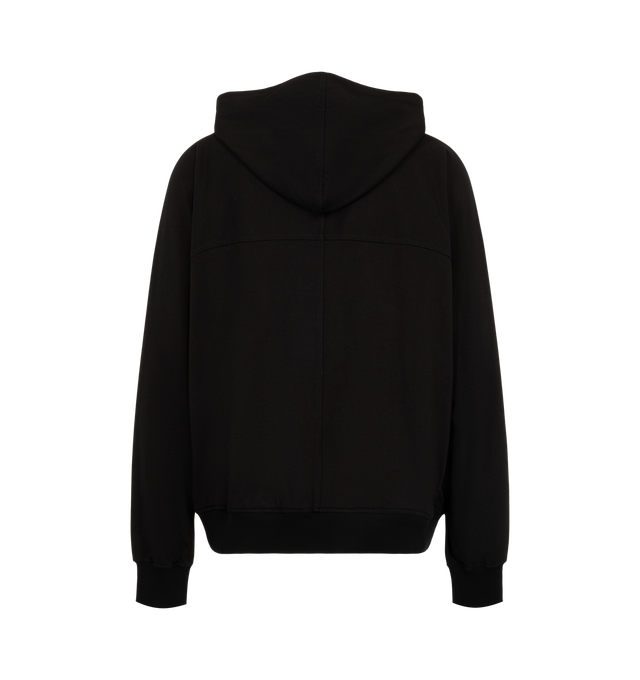 Image 2 of 3 - BLACK - Rick Owens Mens Windbreaker is crafted from heavyweight organic cotton jersey. Features a hip-length silhouette, hood with drawstring, front zip closure, raglan sleeves, front and back yoke, two side pockets with rounded topstitching, and ribbed cuffs and hem. Main Material: 100% Organic Cotton. Made in Italy.