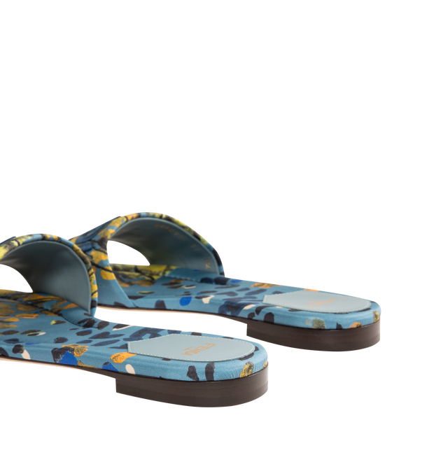 Image 3 of 4 - BLUE - FENDI Sunshine Slides featuring wide-band, silk printed with the multicolored Dew Drops pattern, tone-on-tone silk insole and blue yarn Fendi Roma embossed embroidery. 100% silk. Inside: 100% calfskin. Made in Italy.
