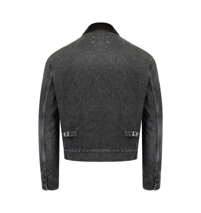 Image 4 of 5 - BLACK - MAISON MARGIELA Cotton Denim Workwear Zip Jacket featuring hidden front zip closure, 3-pocket design, buttoned cuffs, corduroy collar with fringe trim and midweight denim. 100% cotton. Made in Italy.