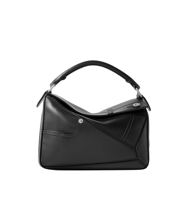 Image 1 of 4 - BLACK - LOEWE Panta Small Puzzle Bag featuring distinctive geometric lines and cuboid form. This small version is crafted in shiny calfskin with denim trousers-inspired details, shoulder, crossbody or hand carry, detachable and adjustable strap, zip closure with calfskin pull, one external rear pocket, one internal slip pocket, herringbone cotton canvas lining and embossed Anagram. Shiny calf. 16.5 cm x 24 cm x 10.5 cm. Made in Spain.
