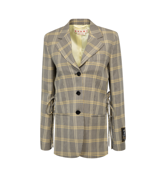 Image 1 of 3 - YELLOW - Marni Single-breasted jacket made from technical with delicate checked pattern. Triple-button closure and notch lapels. Upper single-welt pocket and lower double-welt pockets. Finished with buttoned cuffs and a maxi logo patch on the sleeve. Lined. Made in Italy. Primary Fabric: 57% Virgin Wool Woven 43% Polyester Woven - Lining: 100% Viscose-Rayon - Sleeve Lining: 100% Cupro Woven. 