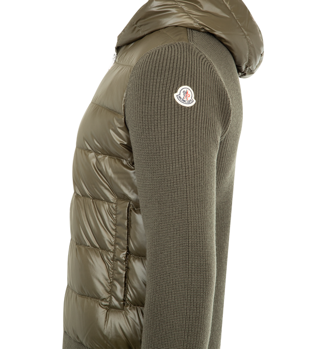 Image 3 of 3 - GREEN - MONCLER Padded Wool Zip-Up Hoodie featuring down-filled polyester front and hood, rib knit, gauge 7, zipper closure and pockets with snap button closure. 100% polyester. 100% virgin wool. Padding: 90% down, 10% feather. Made in Turkey.